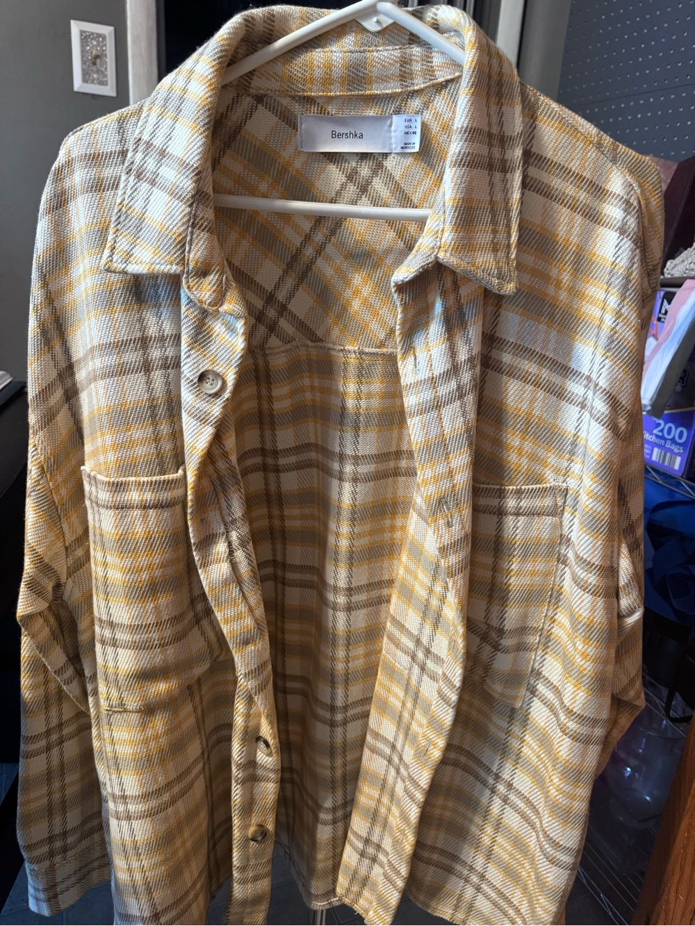 Bershka Yellow and Cream Plaid Overshirt